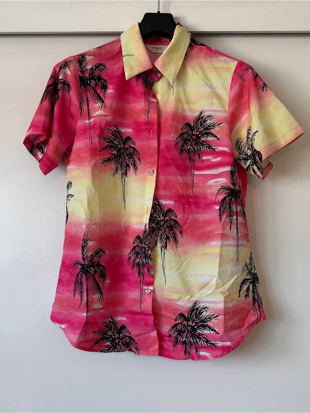Women’s Tropical Palm Print Button-Up Shirt - Pink & Yellow